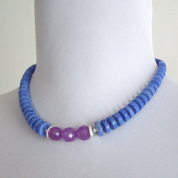 Sterling Silver MAGNESITE AMETHYST CHALCEDONY Necklace Heishi Choker Adjustable - Picture 4 of 16